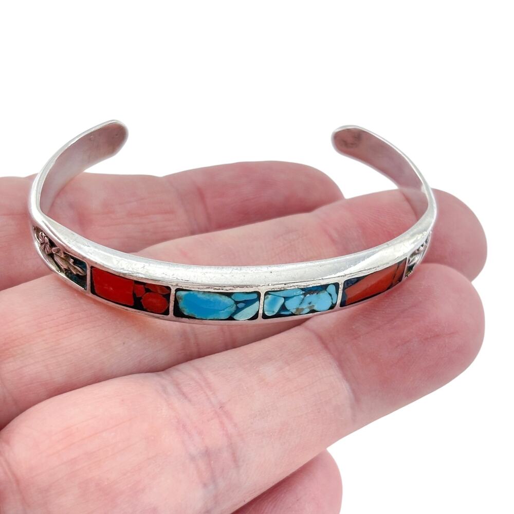 Vintage Sterling Silver 925 Turquoise Coral Inlay Cuff 6"